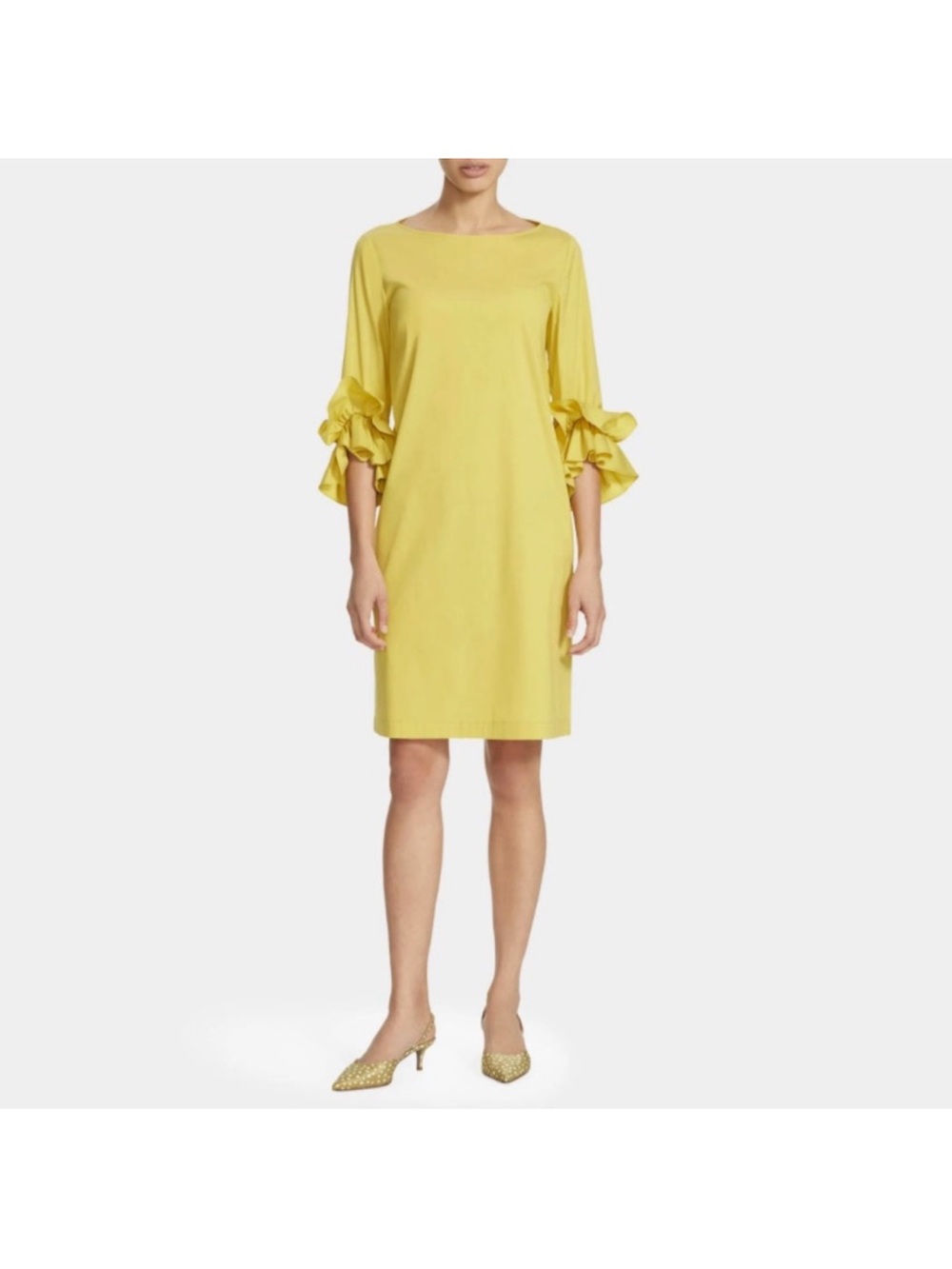 Lafayette 148 Yellow Ruffle Sleeve Shift Dress Size S Boar Neck Pullover Pockets